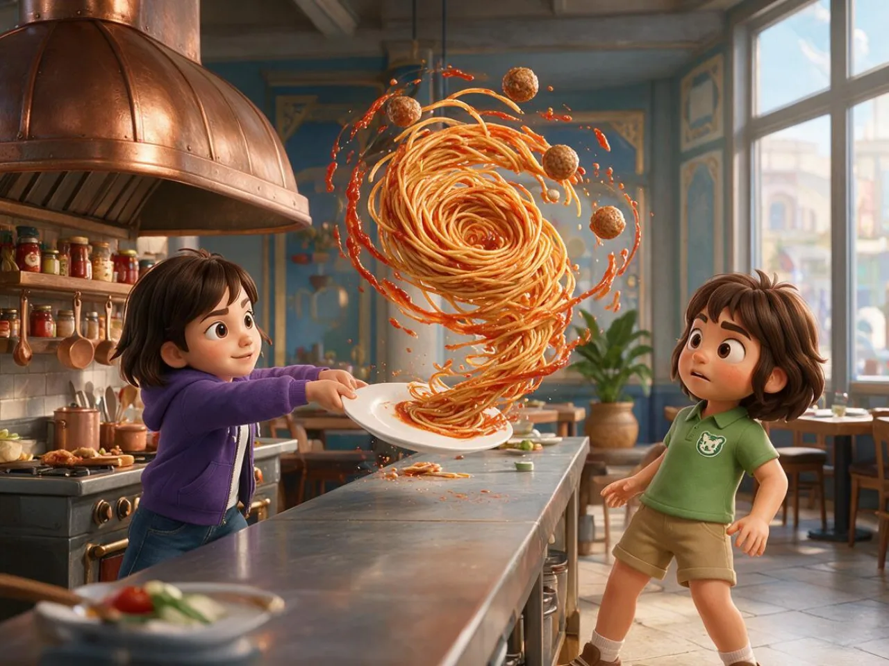 Lucia and Rayna watch a magical tornado of spaghetti rise above a restaurant counter.