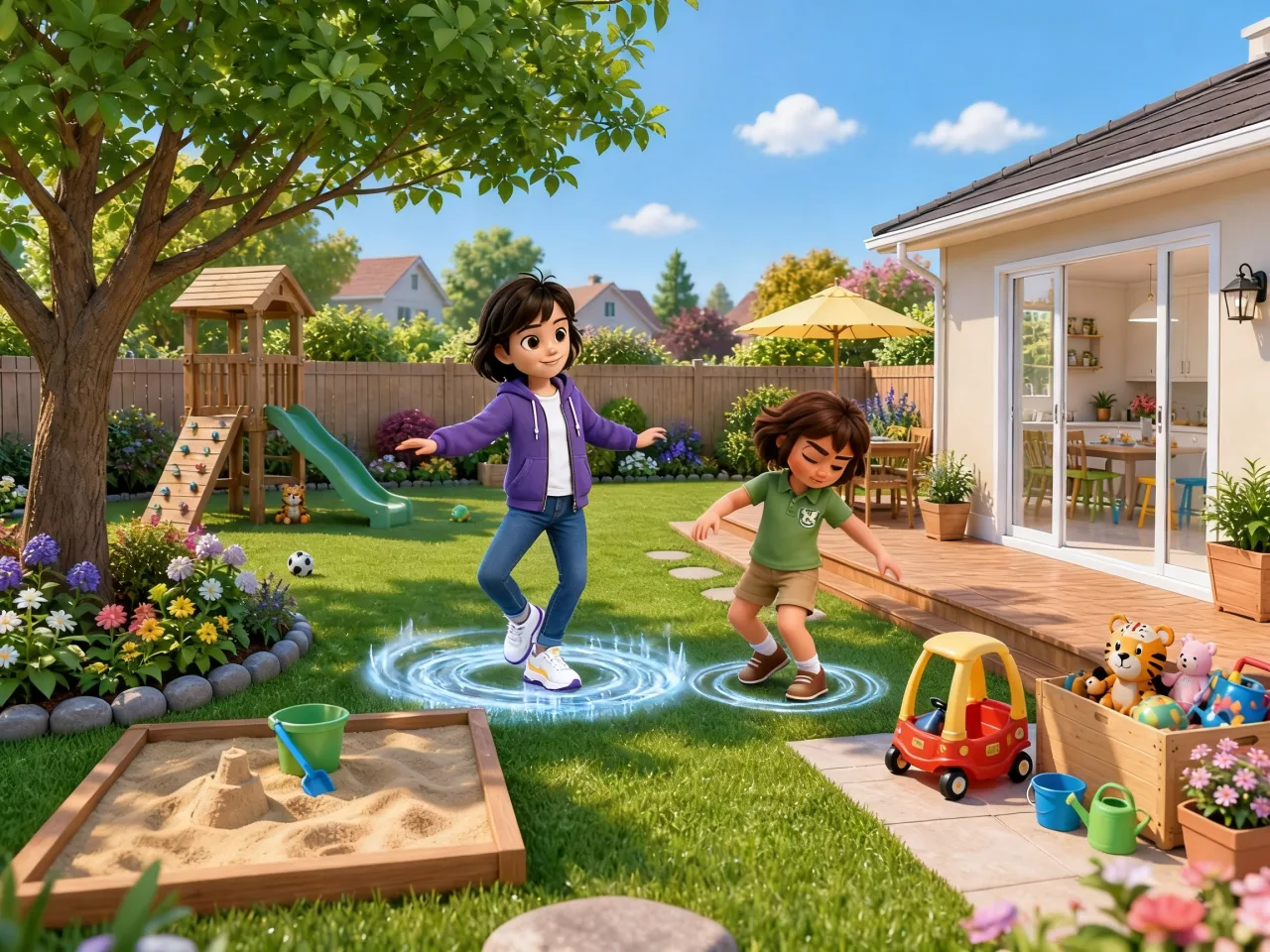 Lucia and Rayna dance together in a bright backyard surrounded by playful toys.