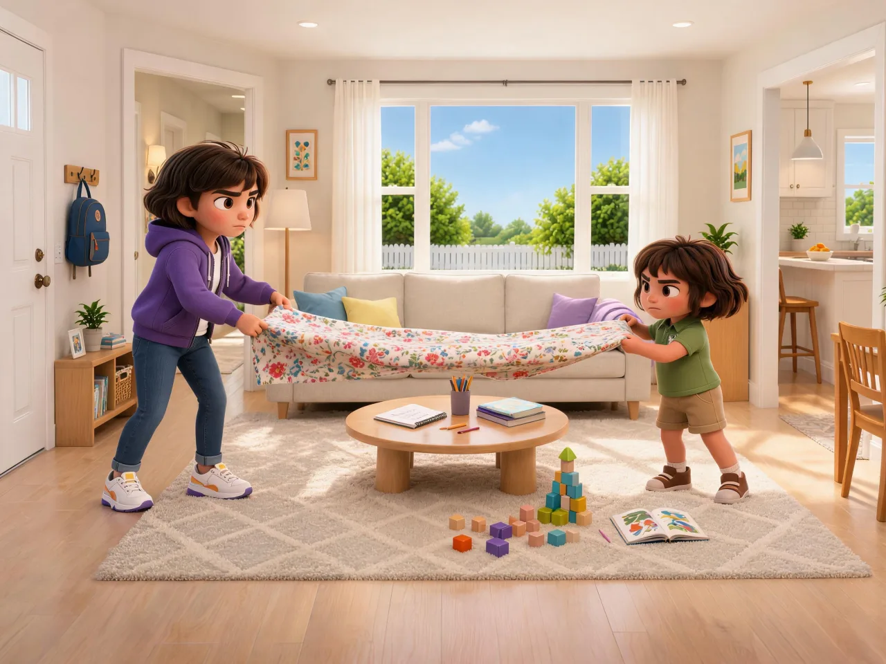 Lucia and Rayna hold opposite ends of a blanket during a determined sister standoff.