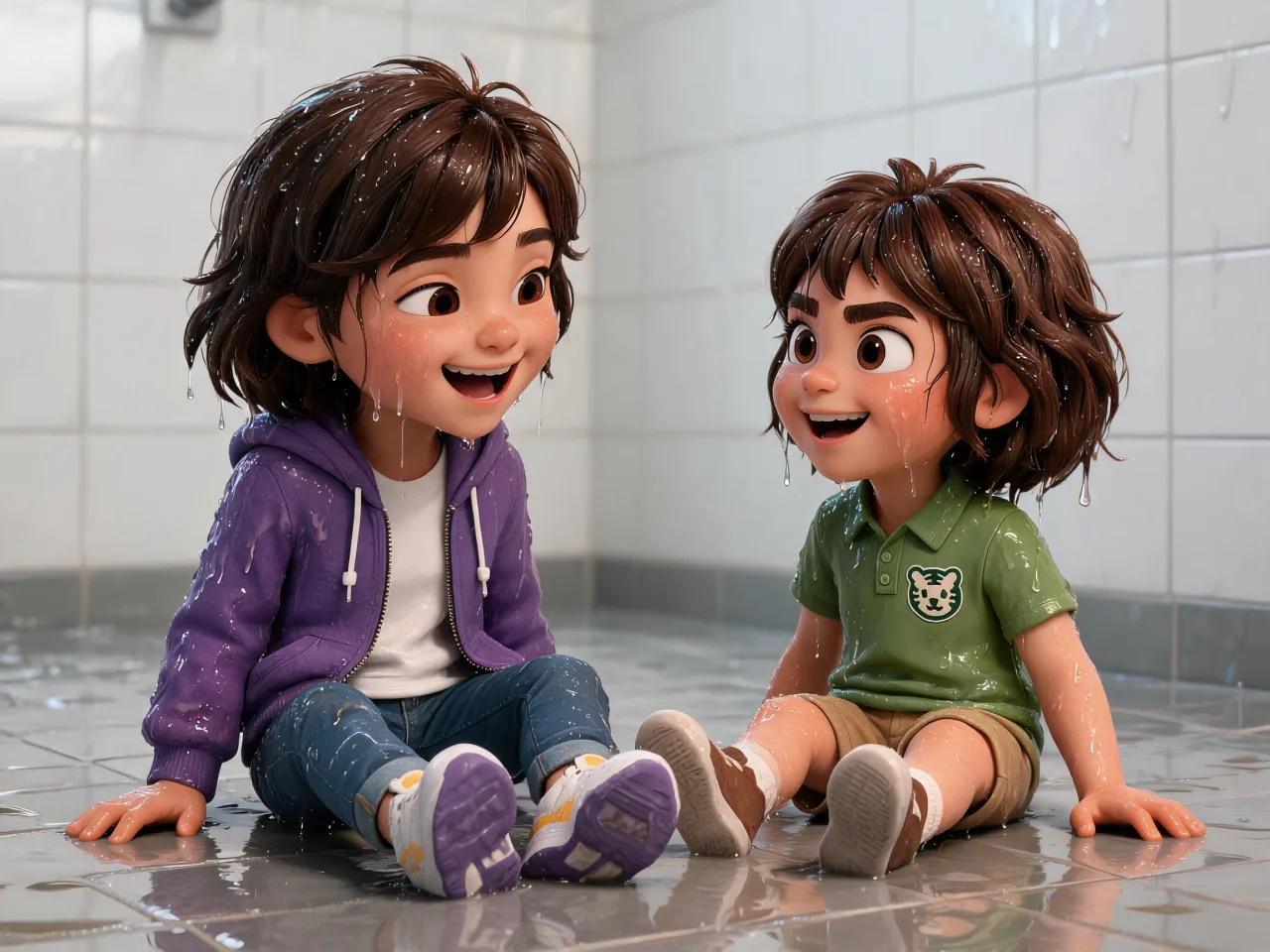 Lucia and Rayna sit together laughing after a very splashy indoor puddle adventure.