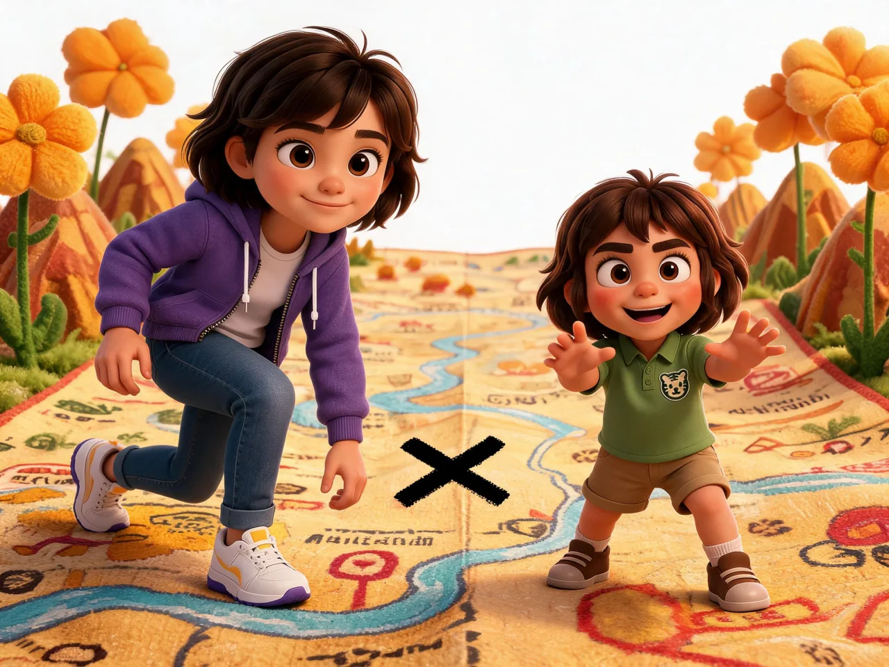 Lucia and Rayna crouch on a giant illustrated adventure map beside a bold X.