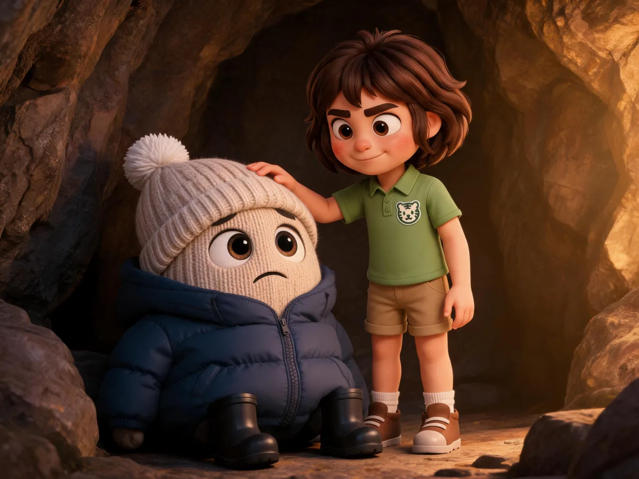 Rayna gently comforts a shy monster made from a winter coat and knitted hat.
