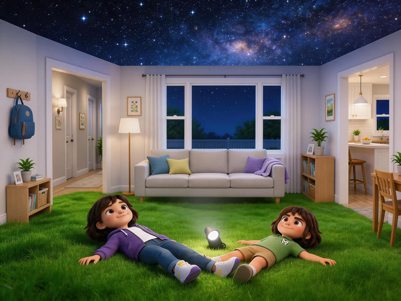 Lucia and Rayna lie on soft grass beneath a room transformed into a glowing night sky.