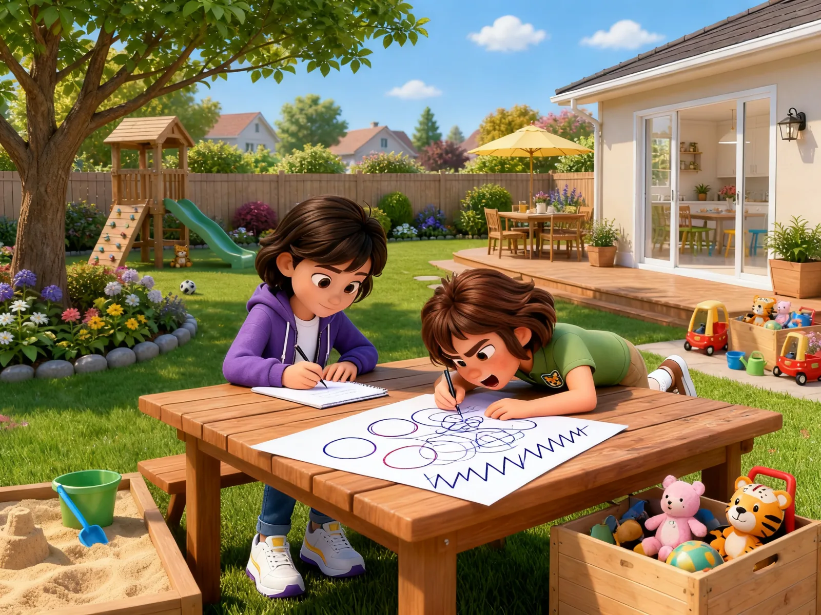 Lucia and Rayna draw together at a backyard picnic table
