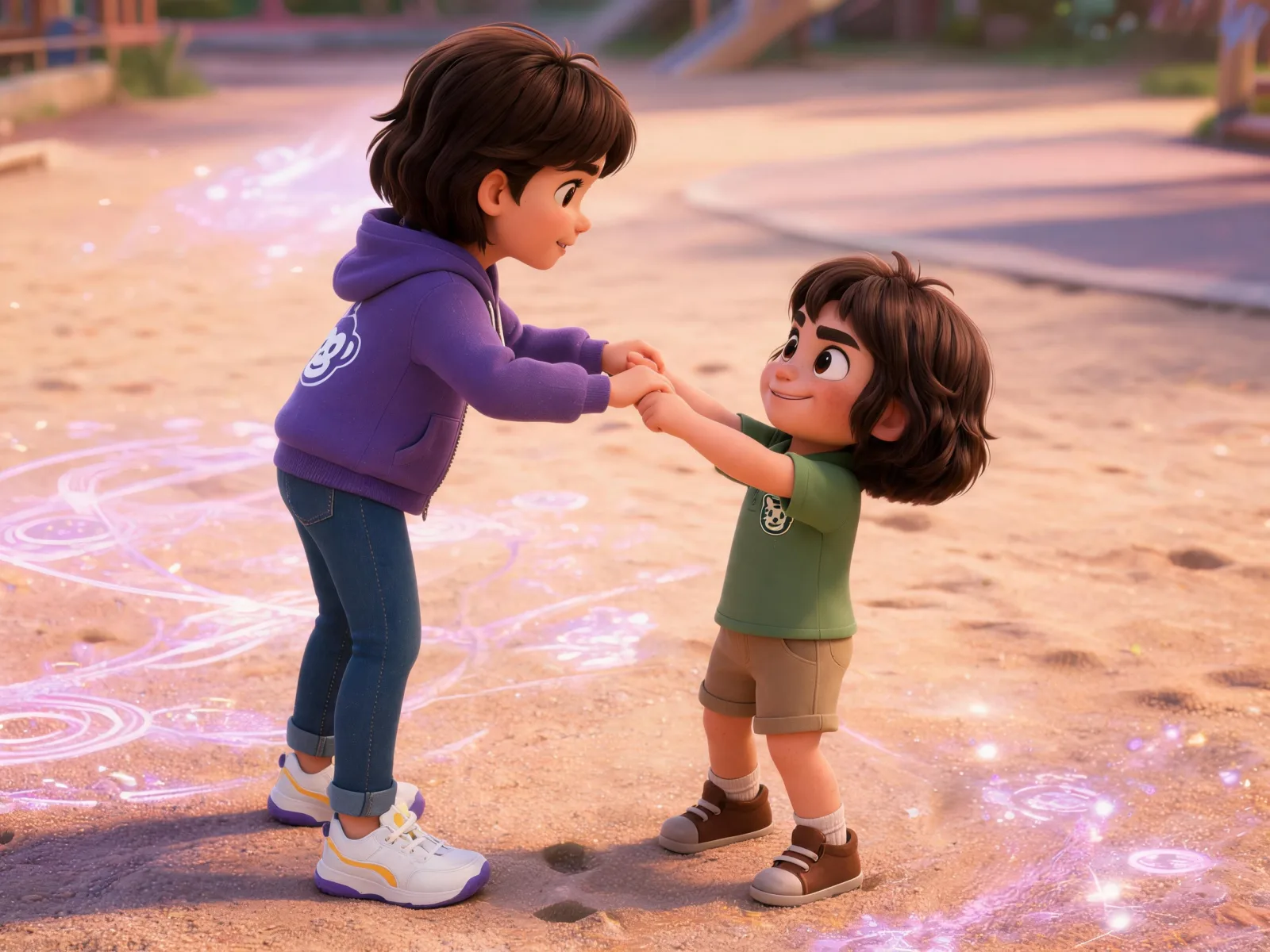 Lucia and Rayna begin a glowing imaginary adventure at a playground