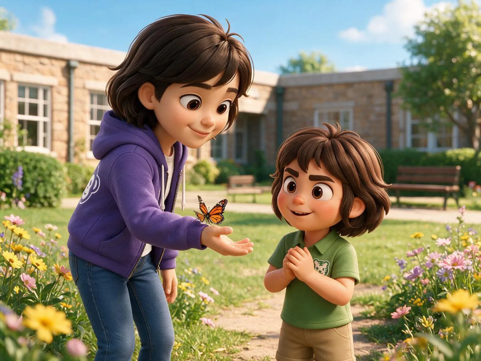Lucia shows Rayna a monarch butterfly in a sunny school garden